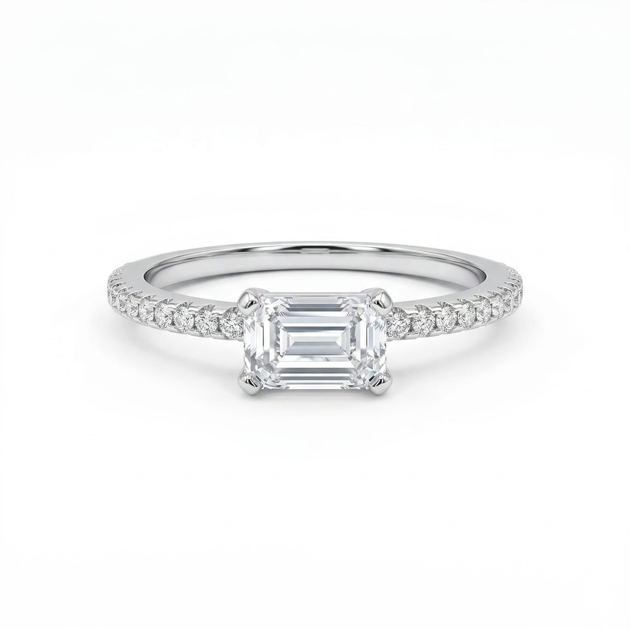  Emerald Cut White Stone and Halo Engagement Ring