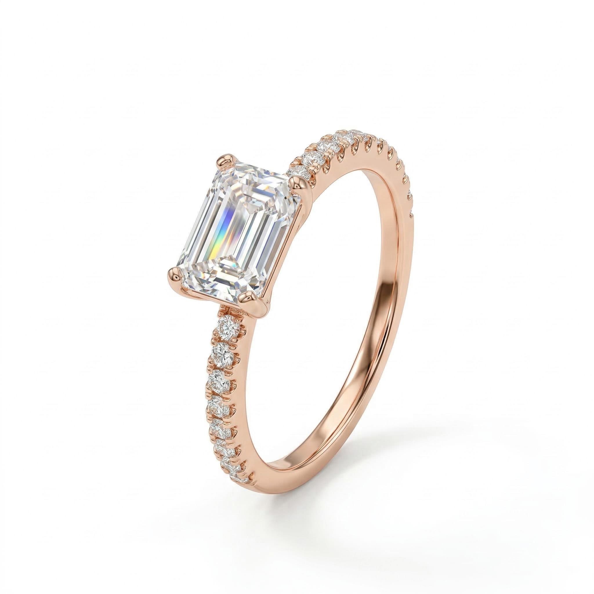  Emerald Cut White Stone and Halo Engagement Ring