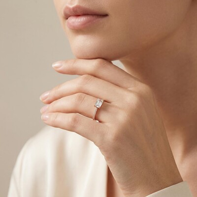  Emerald Cut White Stone and Halo Engagement Ring