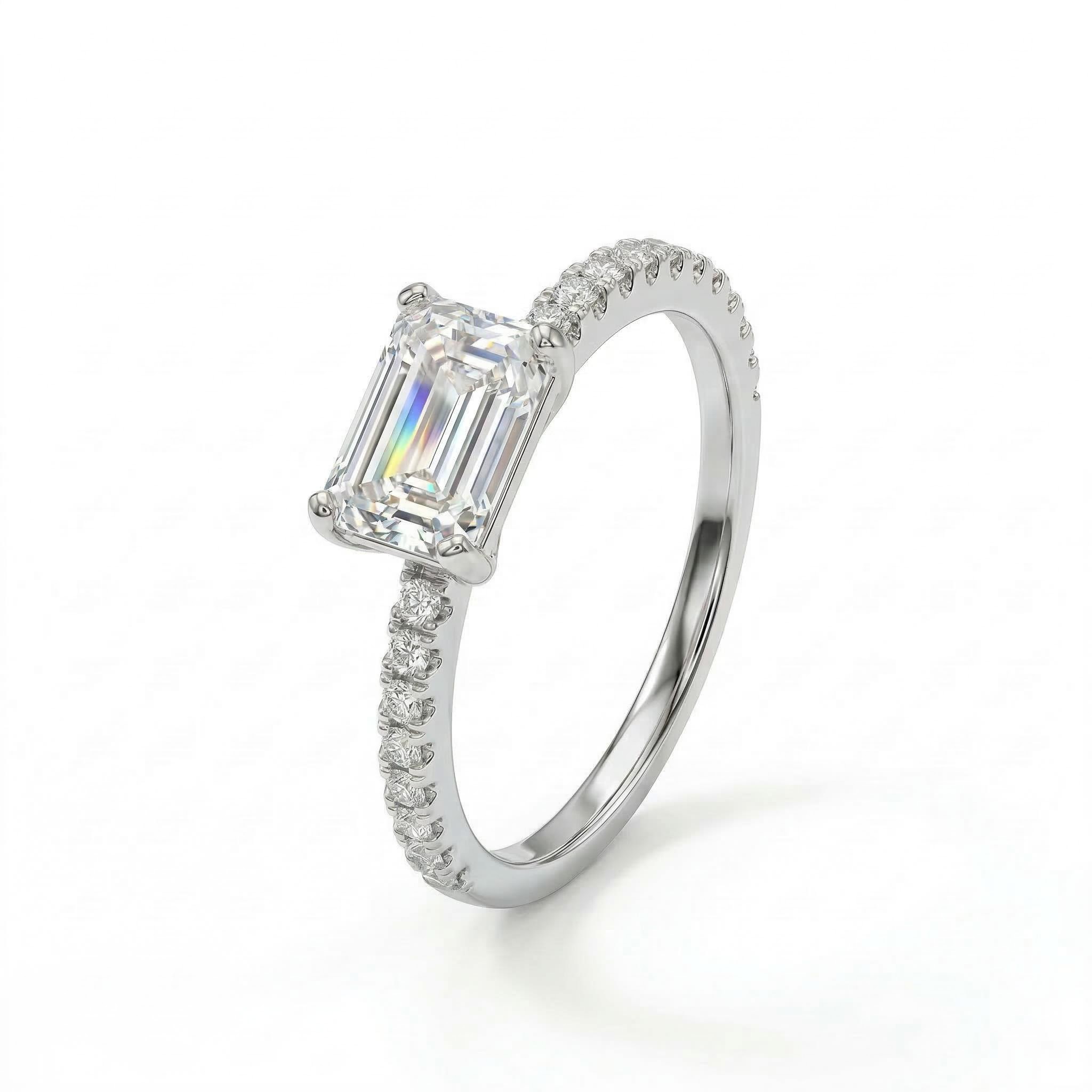  Emerald Cut White Stone and Halo Engagement Ring