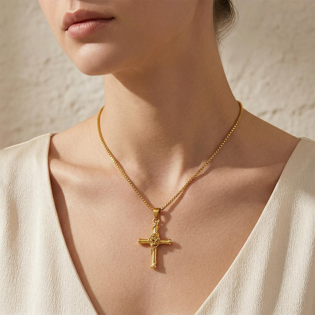 Rose Cross Pendant Necklace
