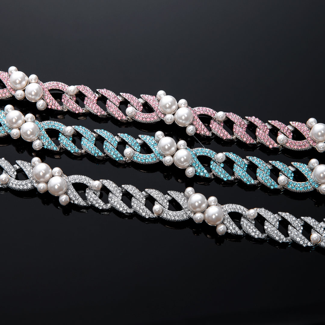 13mm Iced Pearl Cuban Chain in White Gold-White/Pink/Blue