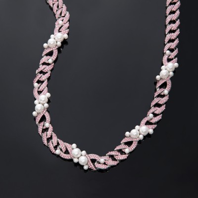 13mm Iced Pearl Cuban Chain in White Gold-White/Pink/Blue
