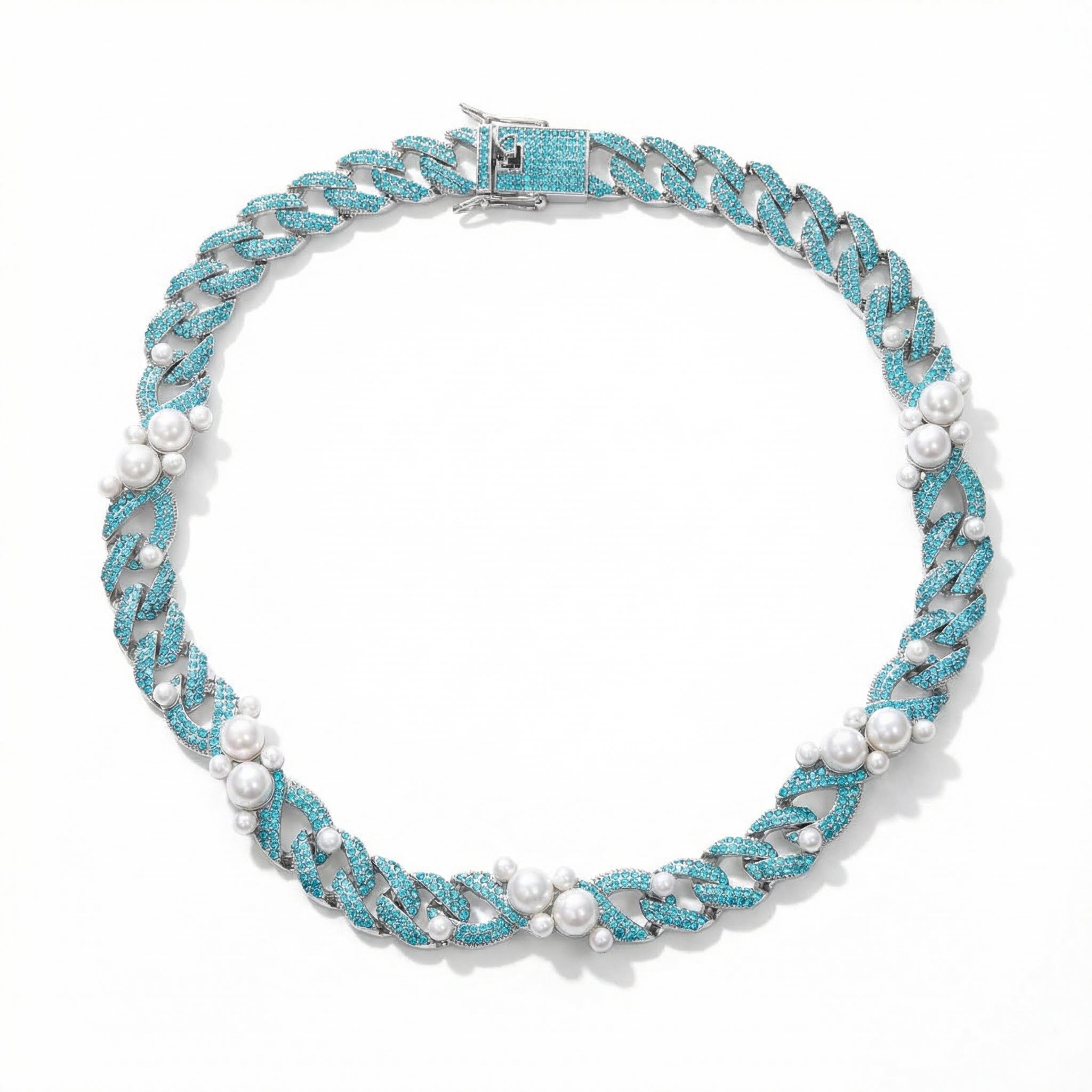 13mm Iced Pearl Cuban Chain in White Gold-White/Pink/Blue