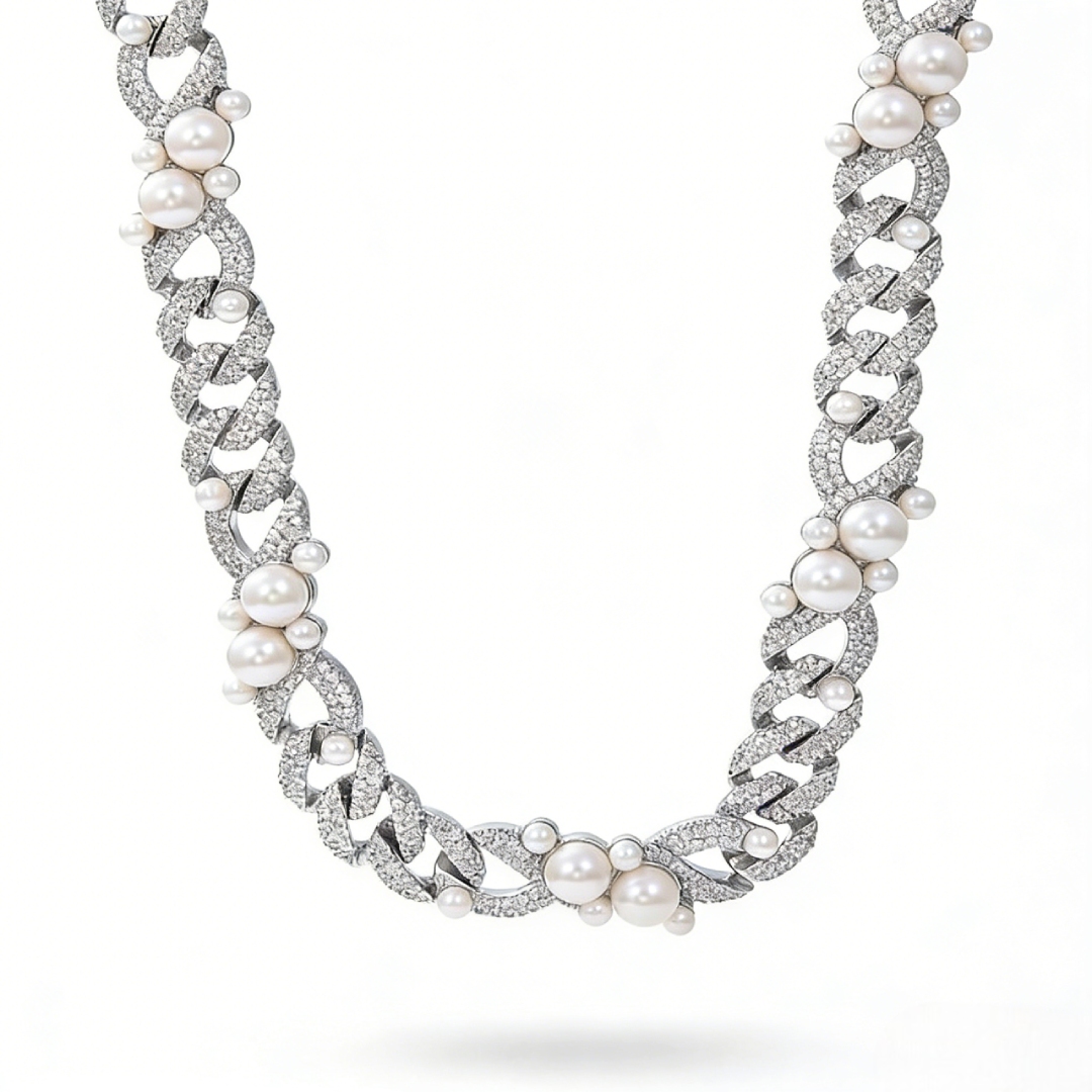 13mm Iced Pearl Cuban Chain in White Gold-White/Pink/Blue