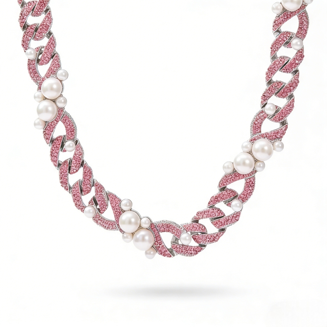 13mm Iced Pearl Cuban Chain in White Gold-White/Pink/Blue