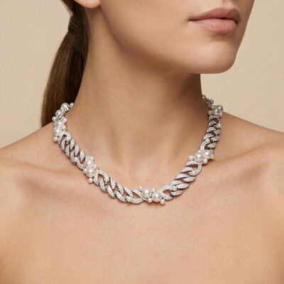 13mm Iced Pearl Cuban Chain in White Gold-White/Pink/Blue