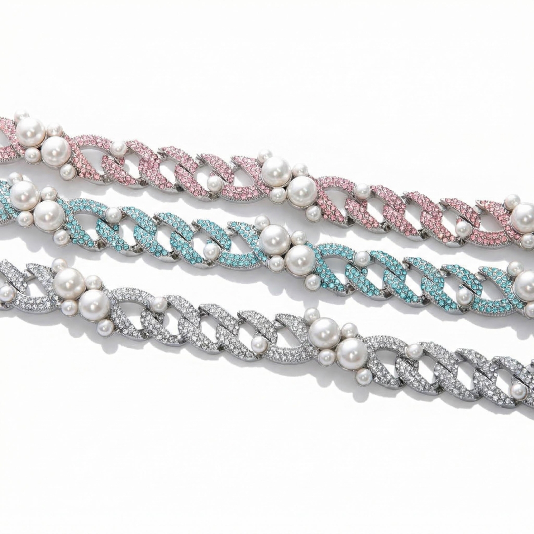 13mm Iced Pearl Cuban Chain in White Gold-White/Pink/Blue