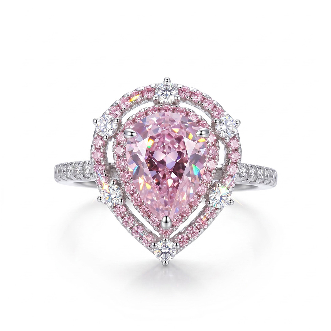 Pink Diamonds Pear Cut Halo Engagement Ring in S925 Silver Pink Diamonds Pear Cut Halo Engagement Ring in S925 Silver