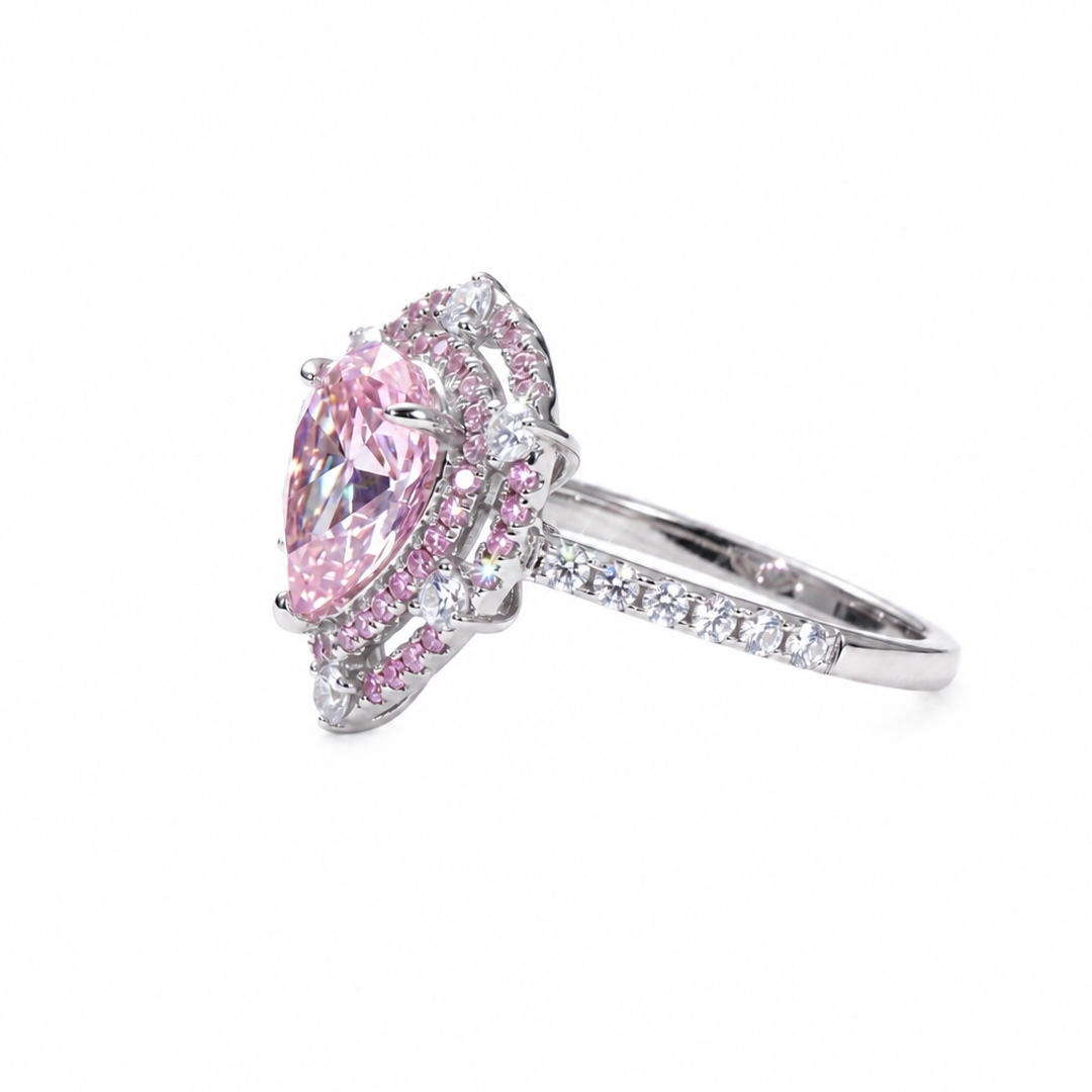 Pink Diamonds Pear Cut Halo Engagement Ring in S925 Silver Pink Diamonds Pear Cut Halo Engagement Ring in S925 Silver
