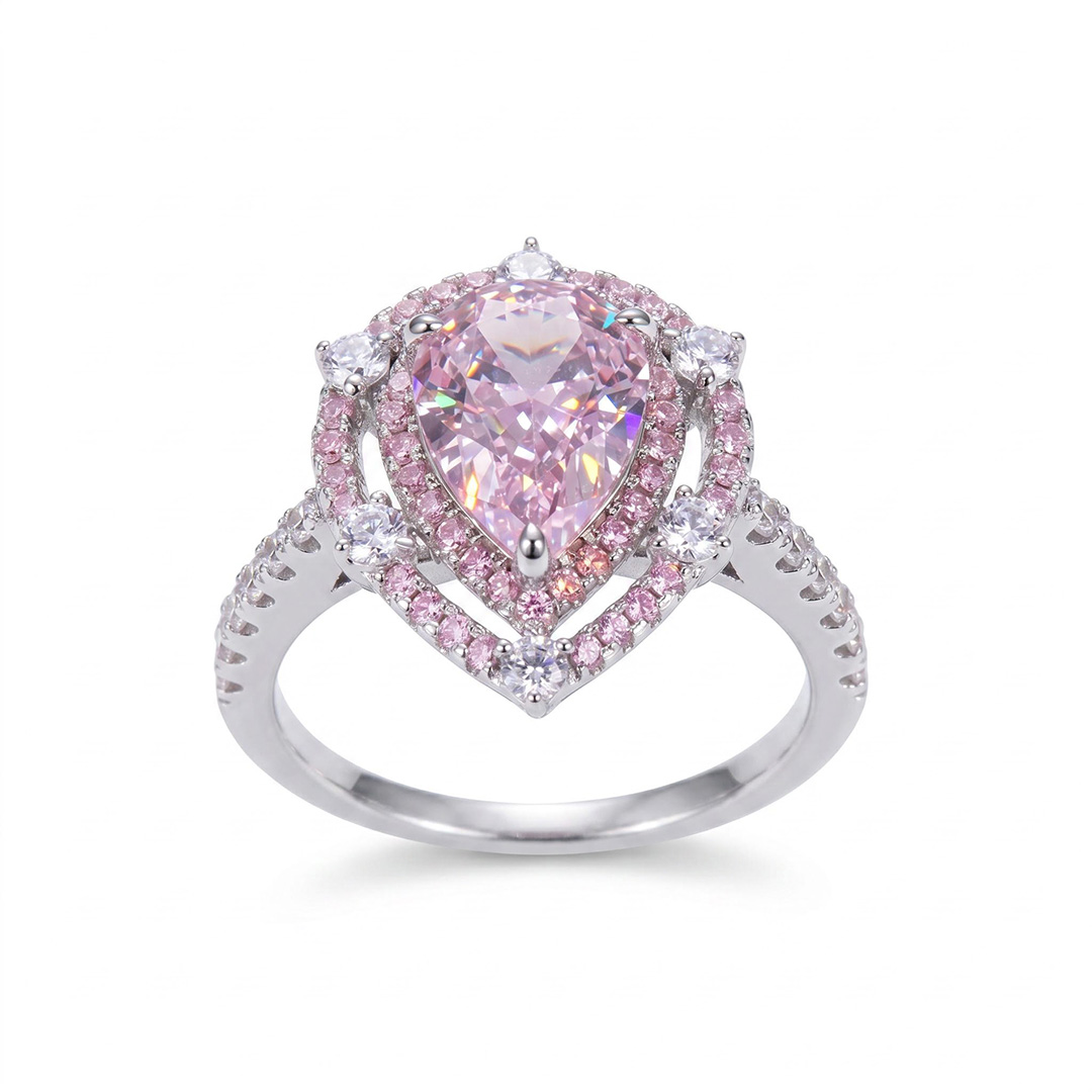 Pink Diamonds Pear Cut Halo Engagement Ring in S925 Silver Pink Diamonds Pear Cut Halo Engagement Ring in S925 Silver