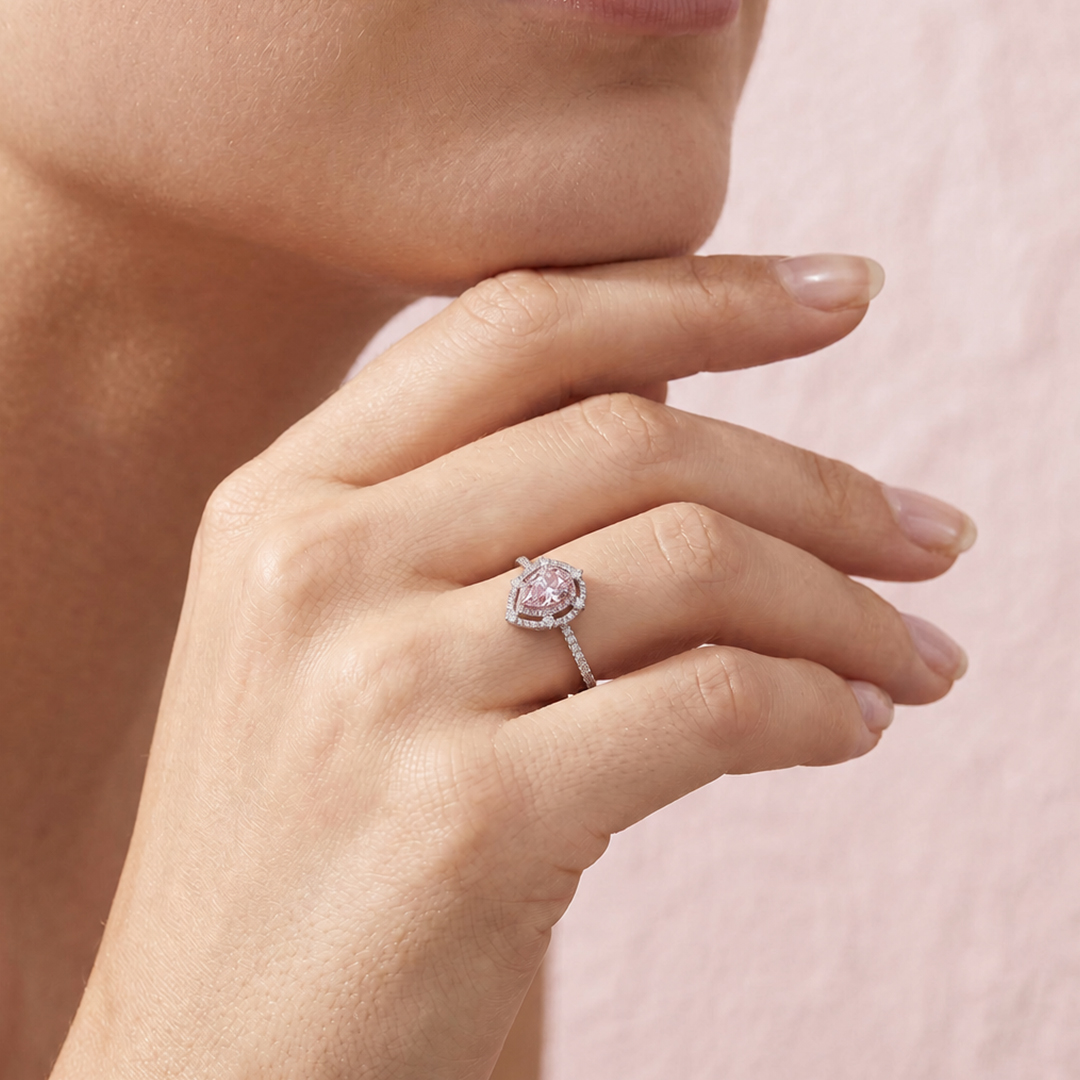 Pink Diamonds Pear Cut Halo Engagement Ring in S925 Silver Pink Diamonds Pear Cut Halo Engagement Ring in S925 Silver