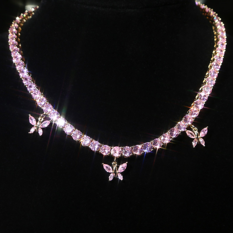 Iced Pink Butterfly 5mm Tennis Necklace Choker