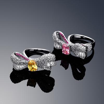  Iced Pink/Yellow Oval Bow Ring