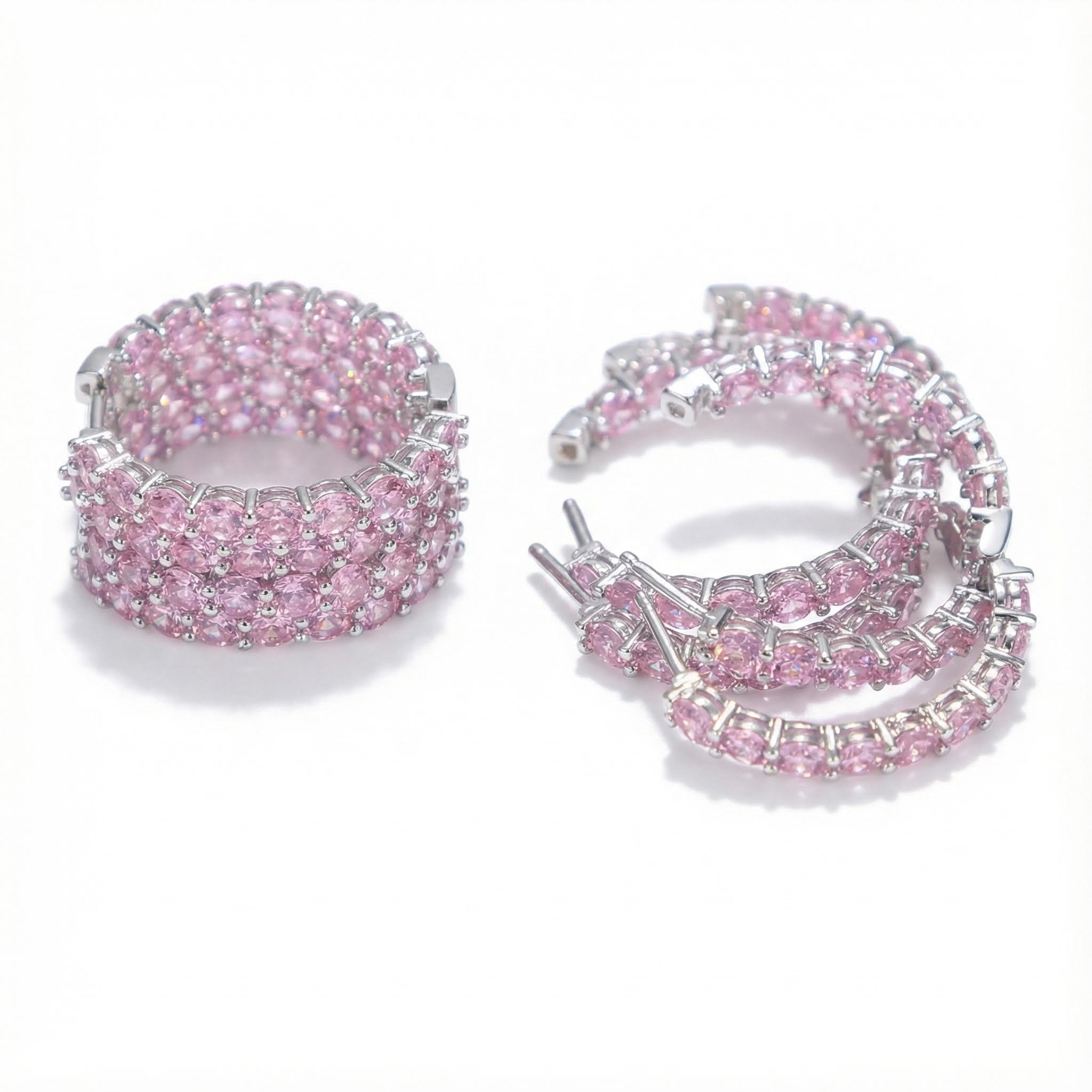  Iced Pink Stones Hoop Earrings