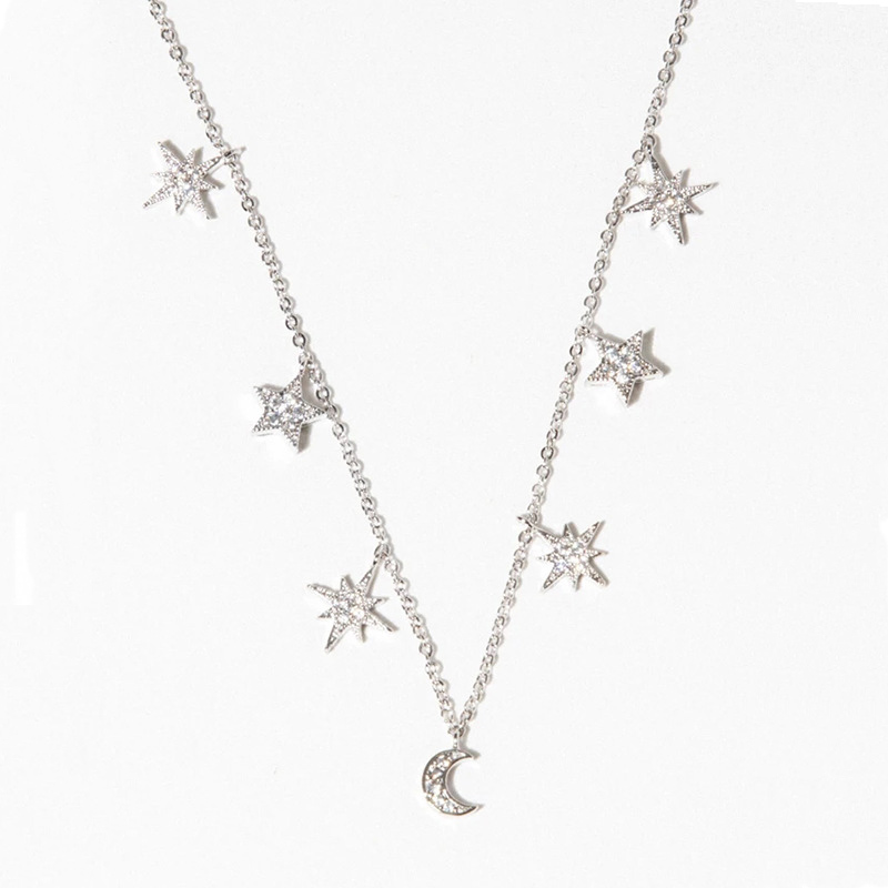 Sterling Silver Iced Symmetrical Star Moon Necklace