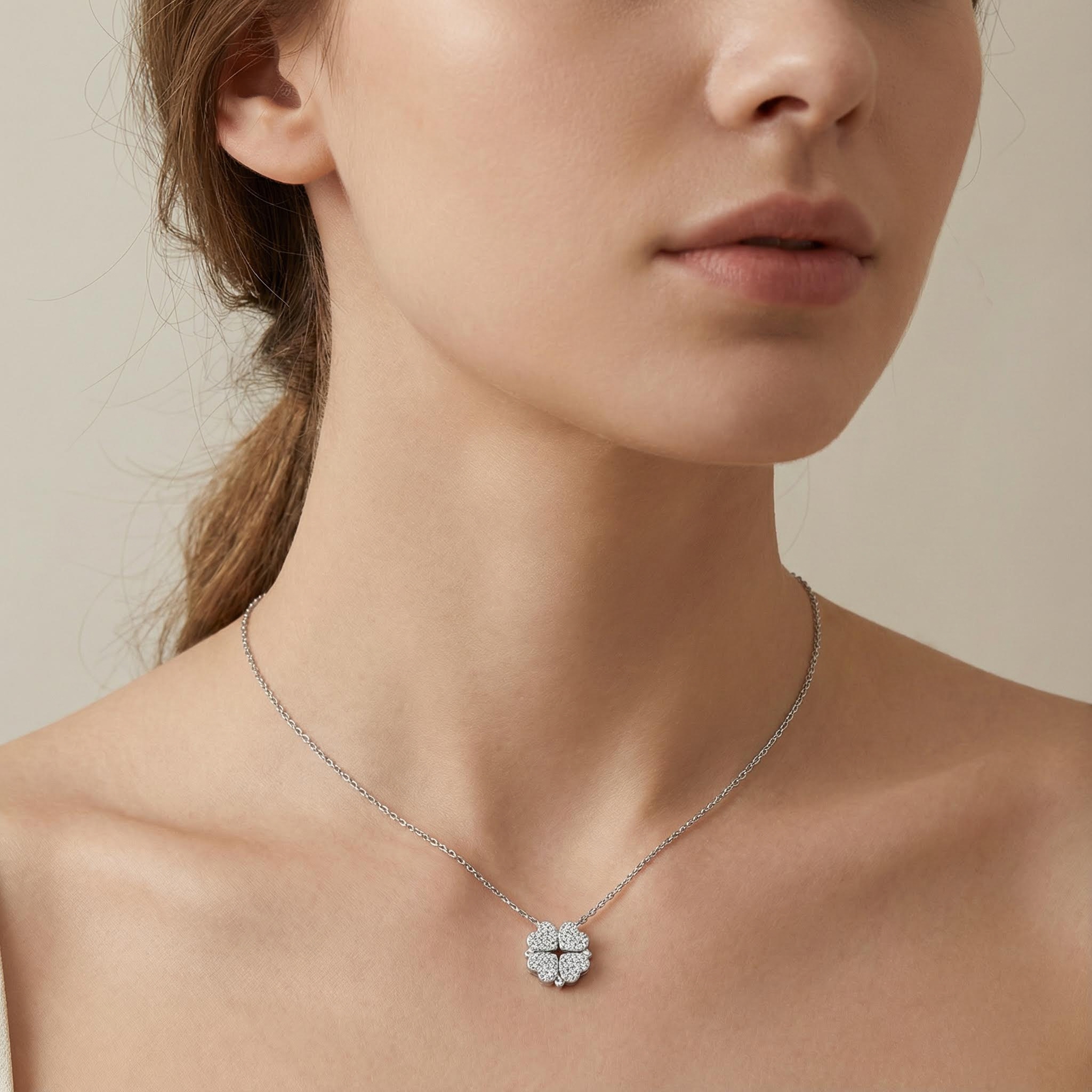 Micro Pave Magnetic Four-Heart Clover Deformed Necklace