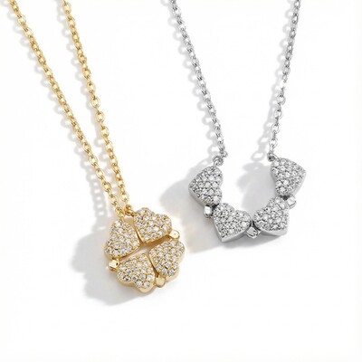 Micro Pave Magnetic Four-Heart Clover Deformed Necklace