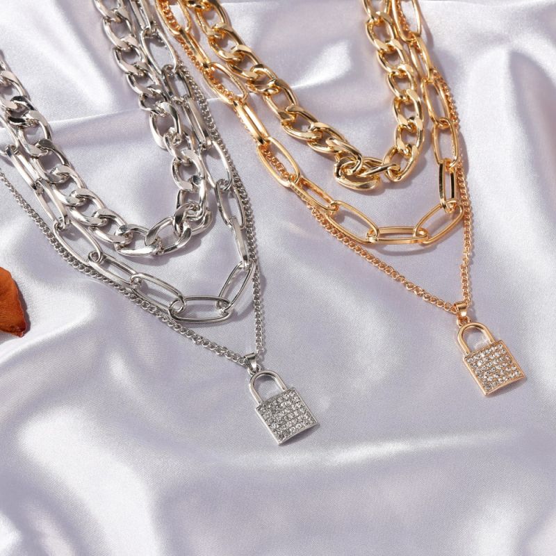  Multilayer Padlock Pendant Chunky Cuban Chain Necklace