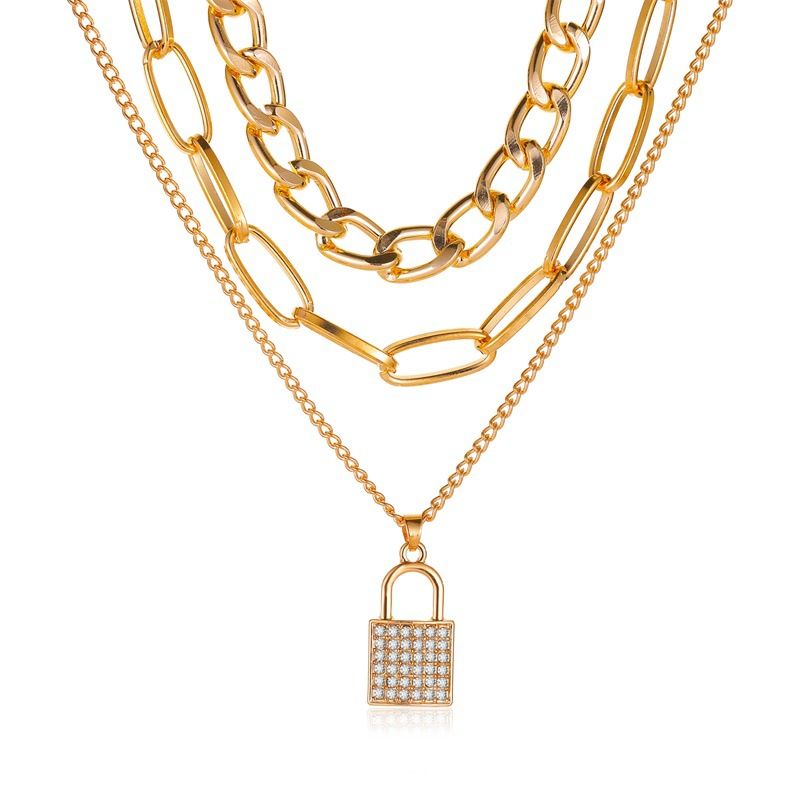  Multilayer Padlock Pendant Chunky Cuban Chain Necklace