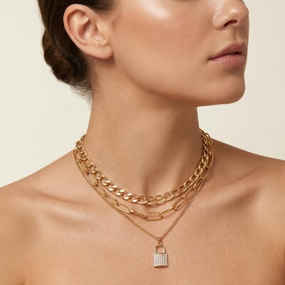  Multilayer Padlock Pendant Chunky Cuban Chain Necklace