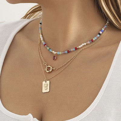 Colorful Crystal Chain Choker Beaded Layered Necklace