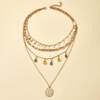  Coin & Colorful Crystal Pendant Layered Necklace