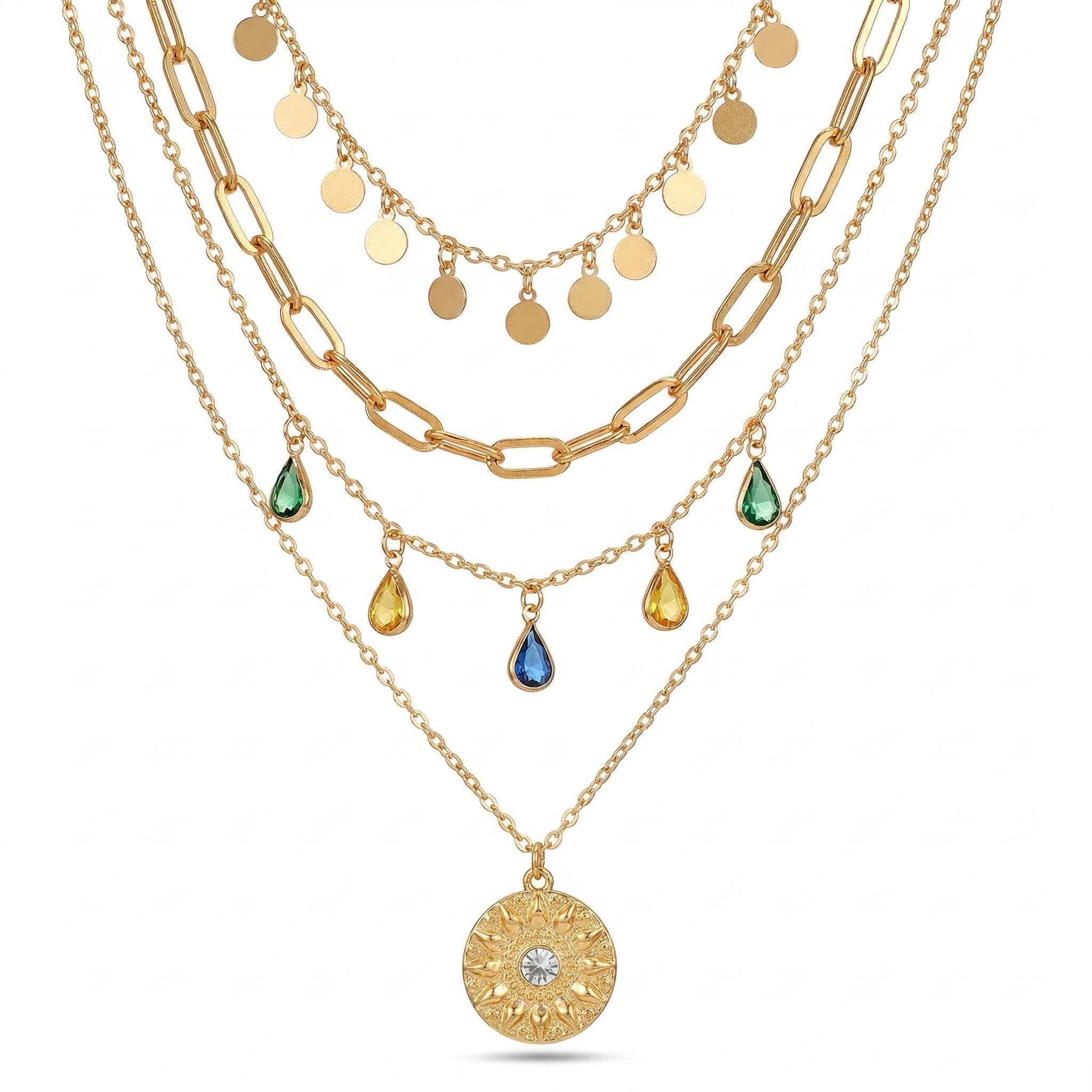  Coin & Colorful Crystal Pendant Layered Necklace