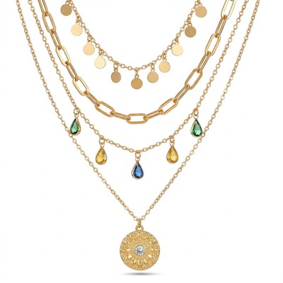  Coin & Colorful Crystal Pendant Layered Necklace