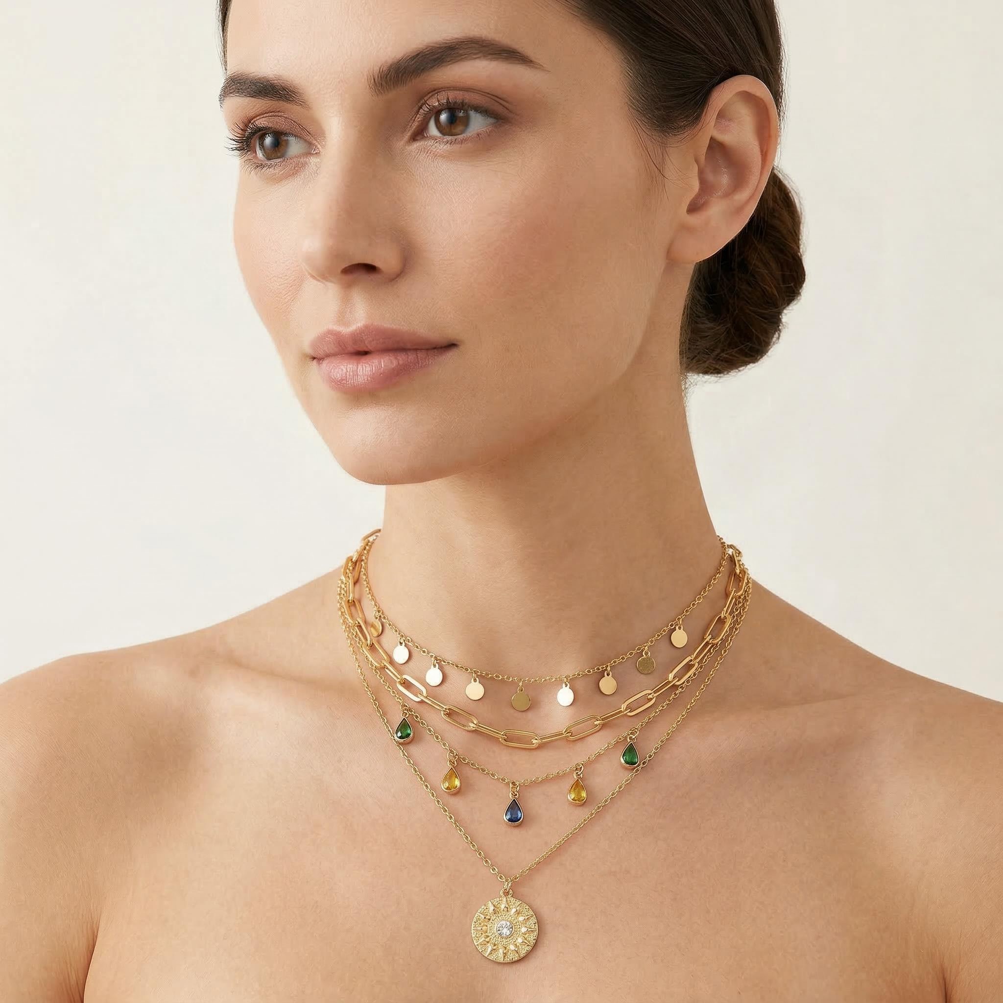  Coin & Colorful Crystal Pendant Layered Necklace