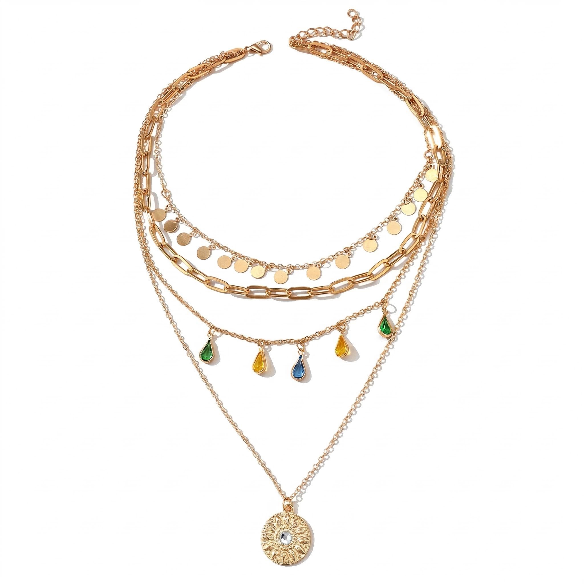  Coin & Colorful Crystal Pendant Layered Necklace