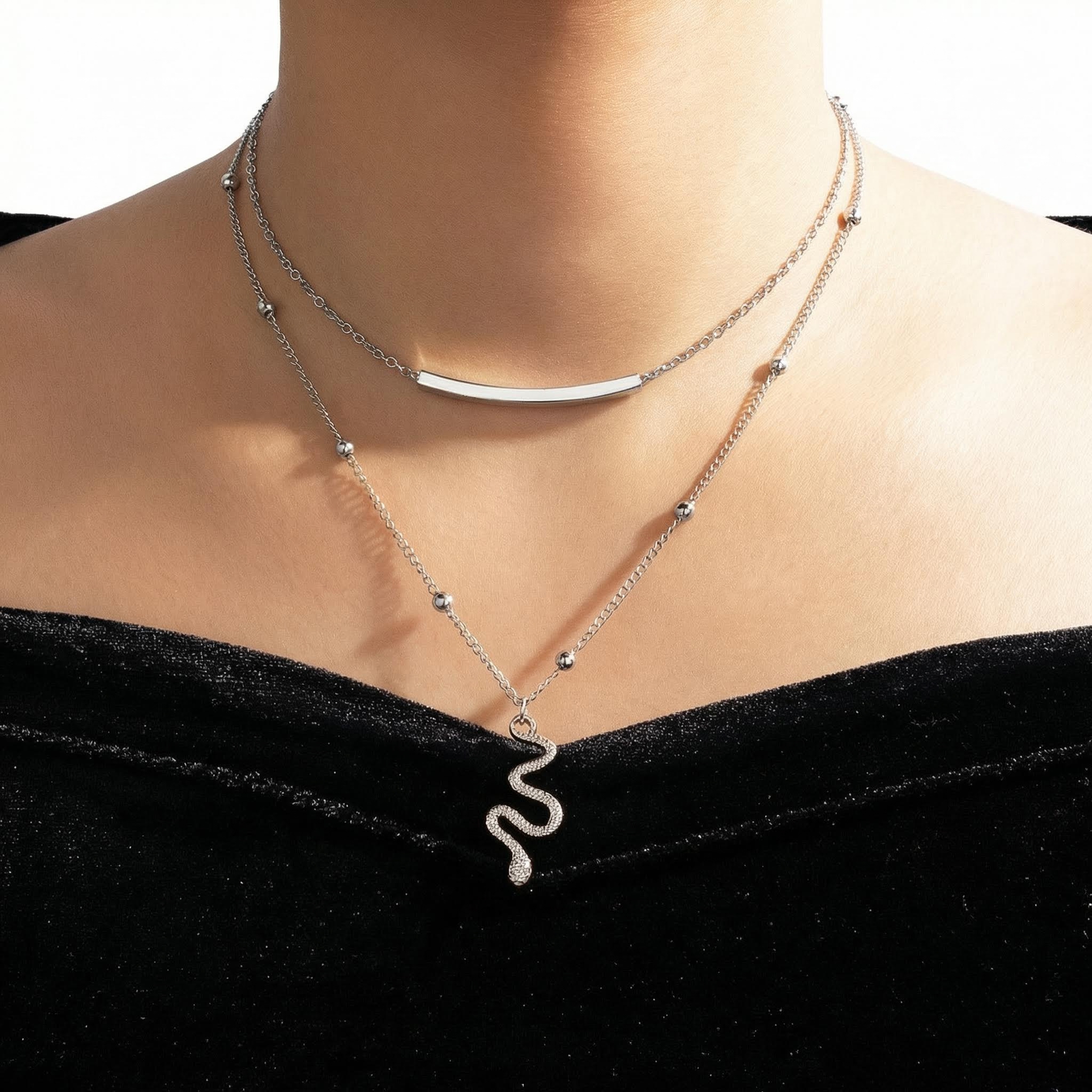 Snake Pendant Beaded Chain Layered Necklace Snake Pendant Beaded Chain Layered Necklace