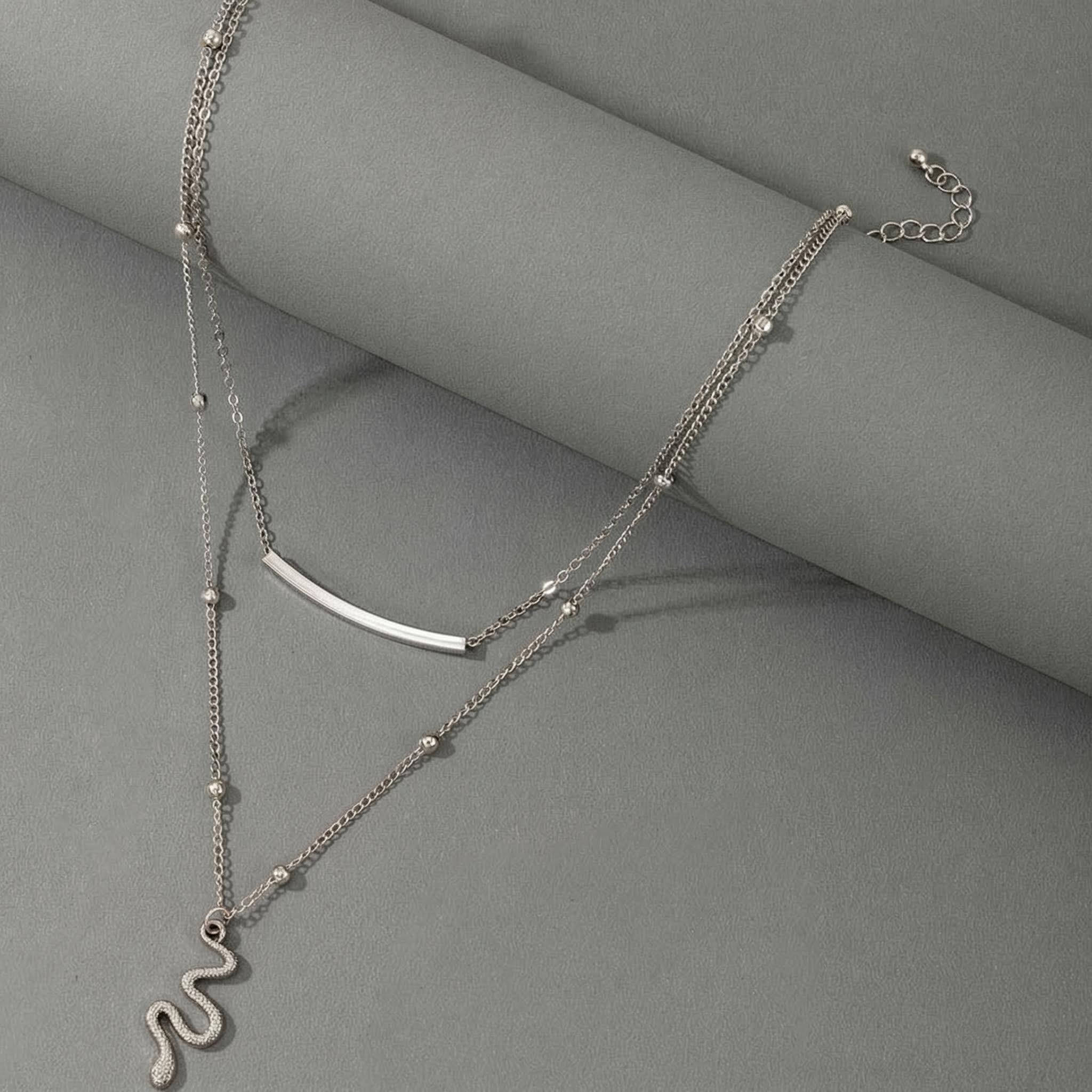 Snake Pendant Beaded Chain Layered Necklace Snake Pendant Beaded Chain Layered Necklace