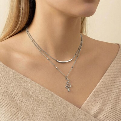 Snake Pendant Beaded Chain Layered Necklace