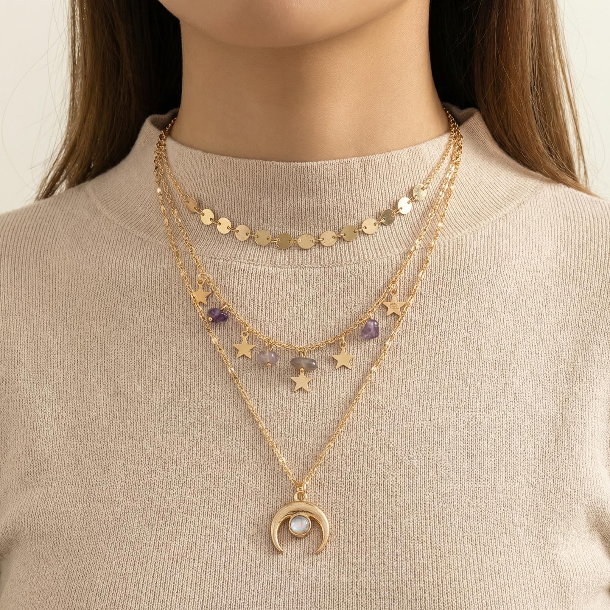 Moon and Star Tassel Layered Necklace