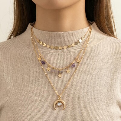 Moon and Star Tassel Layered Necklace