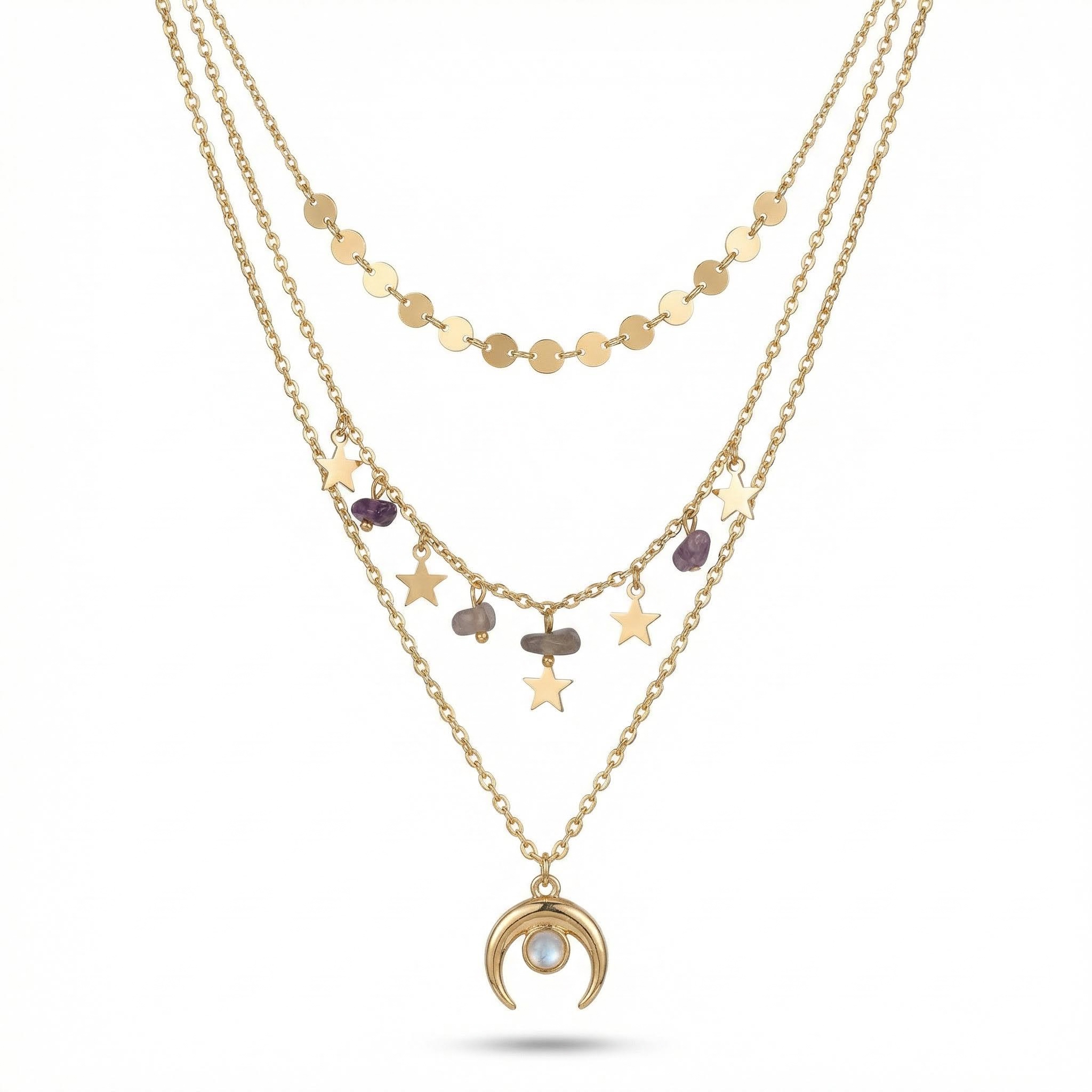 Moon and Star Tassel Layered Necklace