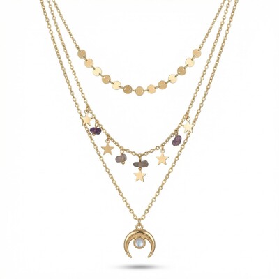 Moon and Star Tassel Layered Necklace