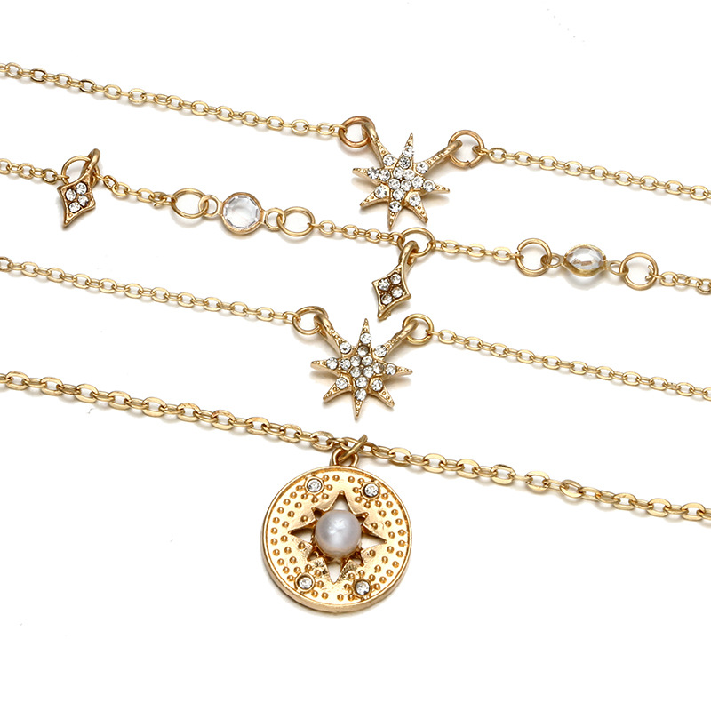  Pearl Crystal Coin Star Pendant Layered Necklace