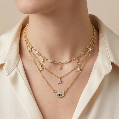  Evil Eye Pendant Star Choker Layered Necklace