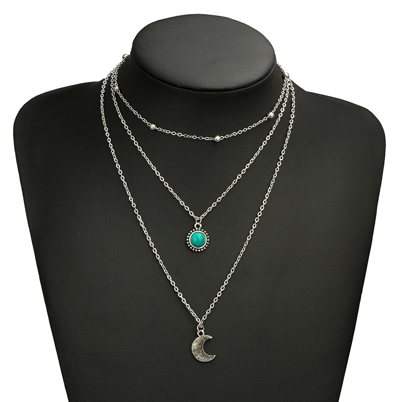 Silver Moon Pendant Beaded Chain Choker Layered Necklace