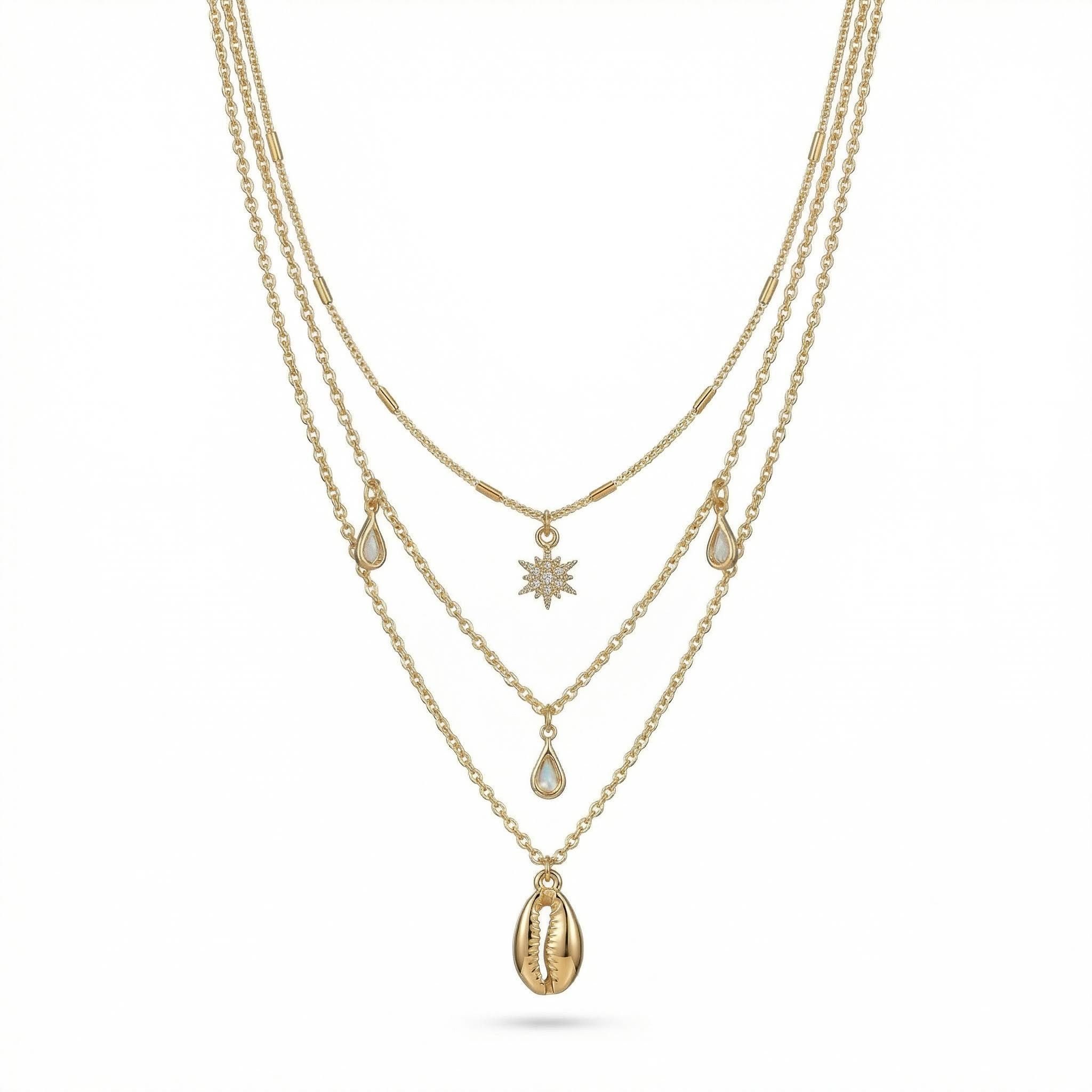  Crystal Waterdrop Star with Shell Layered Necklace