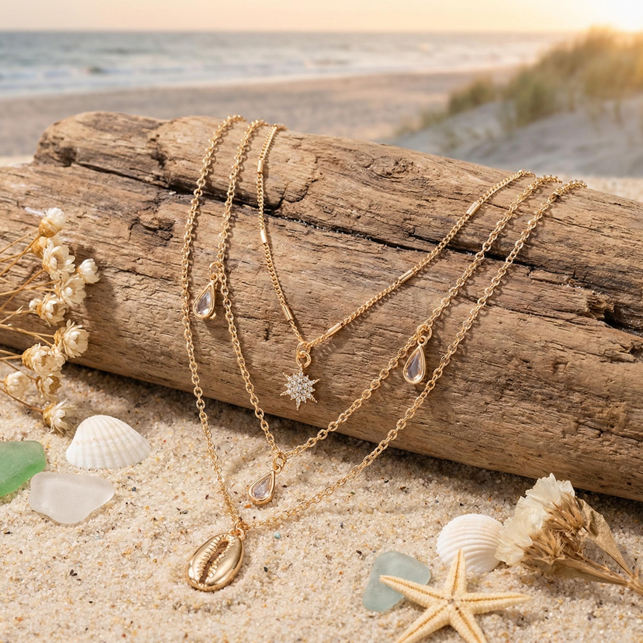  Crystal Waterdrop Star with Shell Layered Necklace