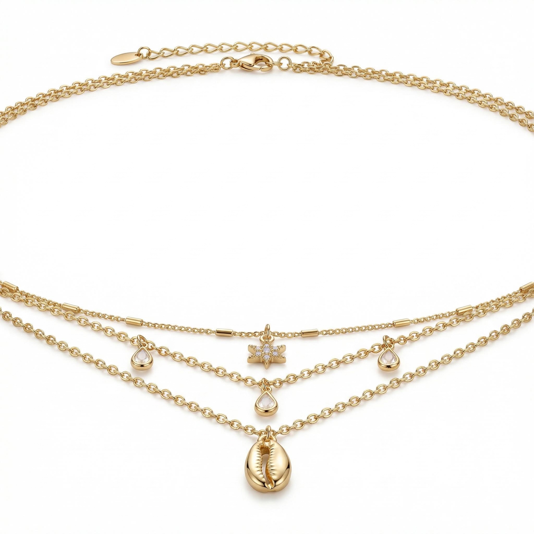  Crystal Waterdrop Star with Shell Layered Necklace