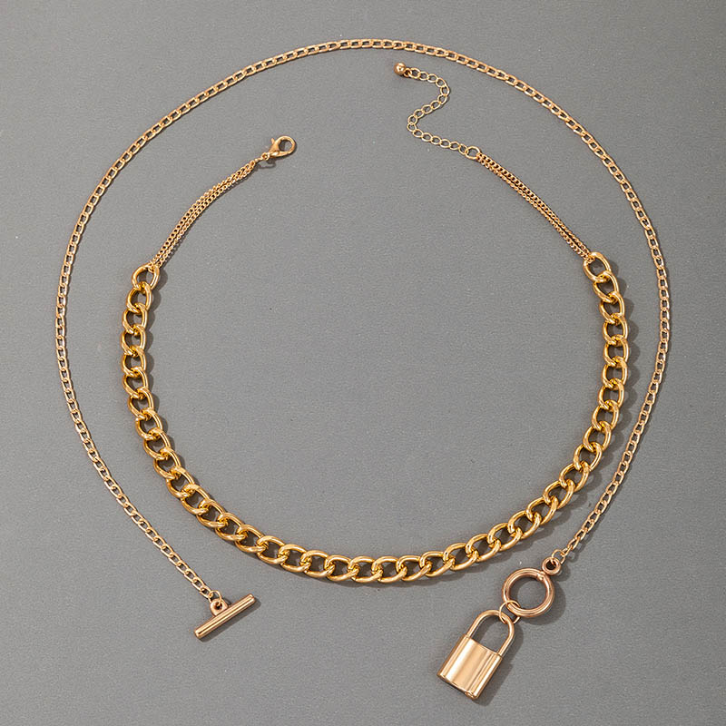 Lock Pendant Toggle Clasp Cuban Chain Layered Necklace