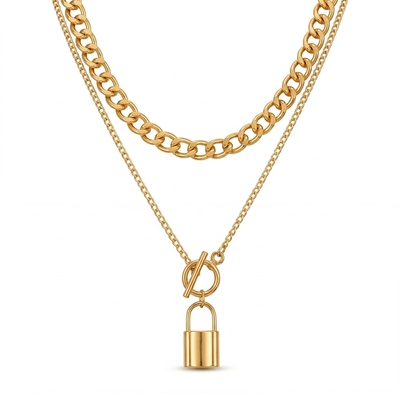 Lock Pendant Toggle Clasp Cuban Chain Layered Necklace