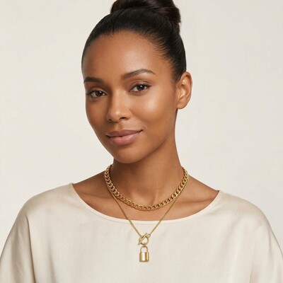 Lock Pendant Toggle Clasp Cuban Chain Layered Necklace