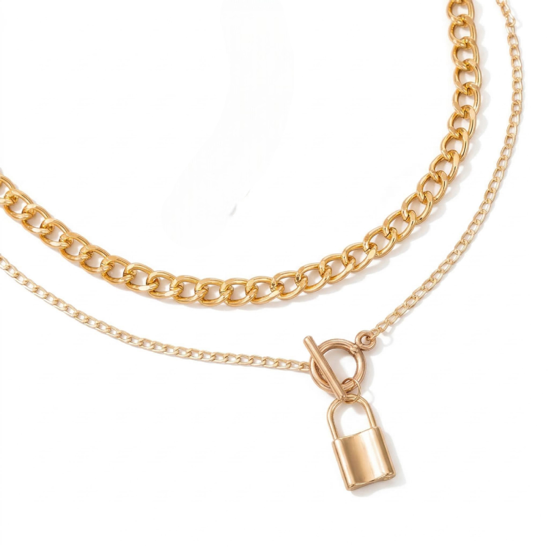 Lock Pendant Toggle Clasp Cuban Chain Layered Necklace