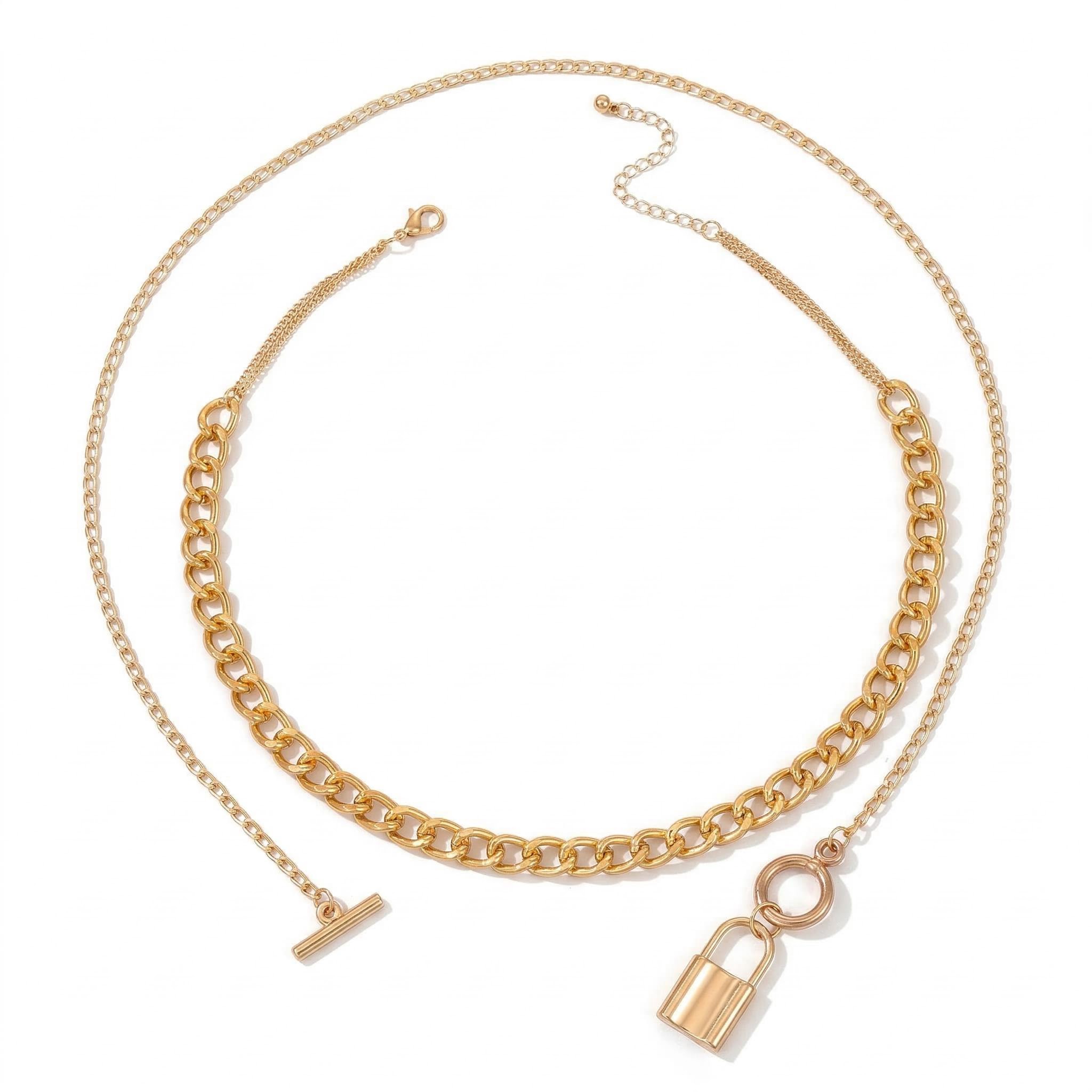 Lock Pendant Toggle Clasp Cuban Chain Layered Necklace