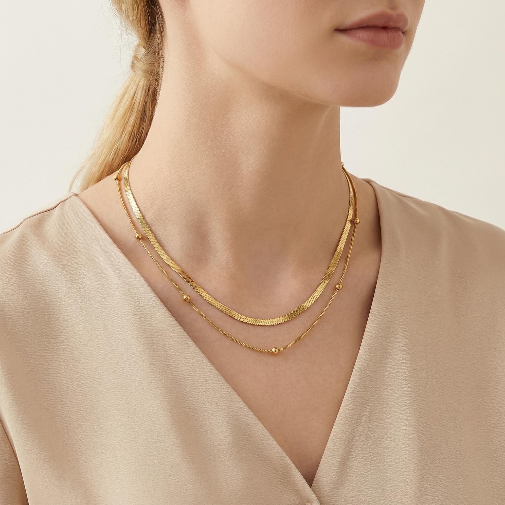  Round Beads Snake Chain Stacked Stainless Steel Necklace